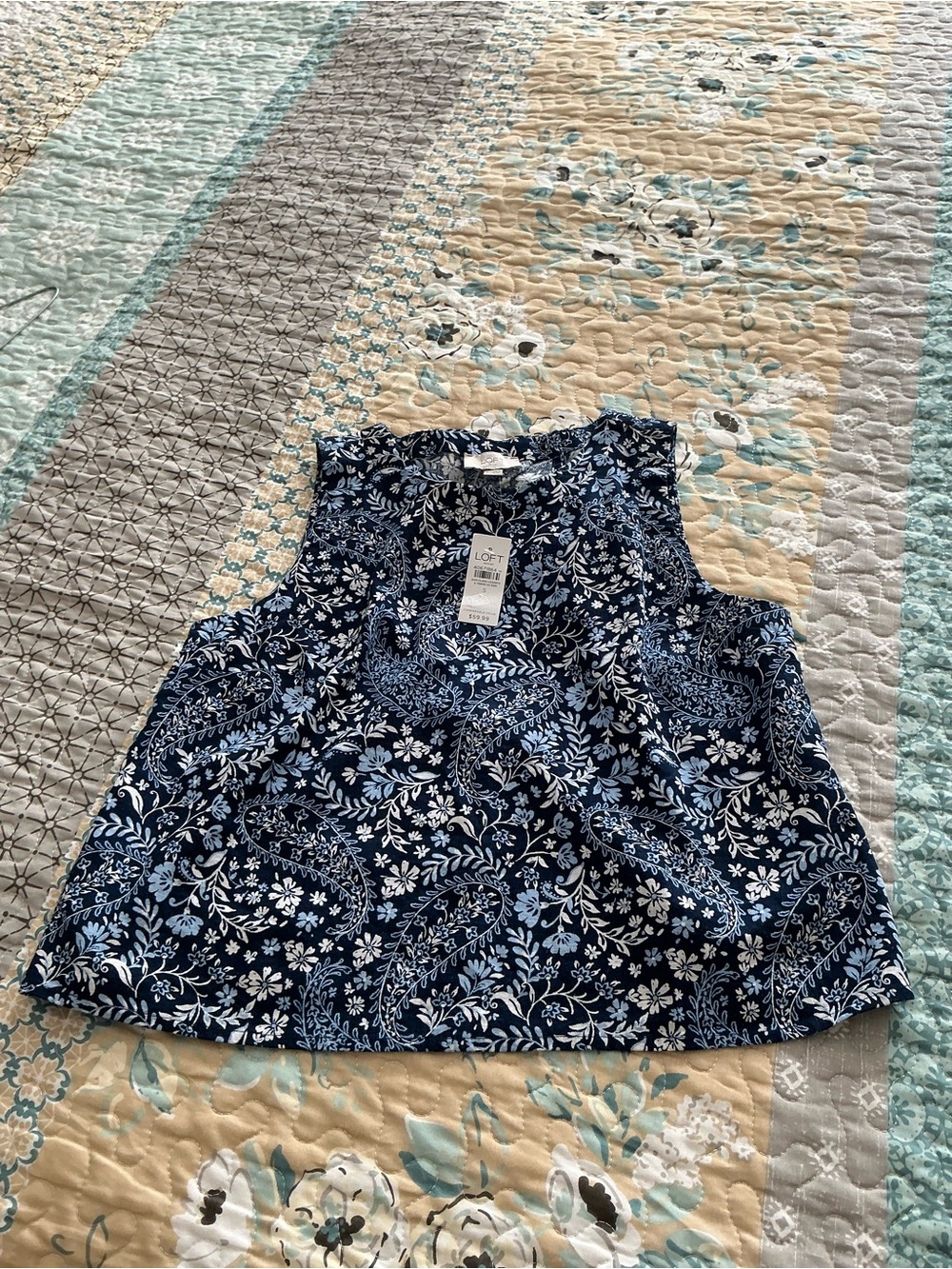 LOFT Navy and Light Blue Paisley Floral Sleeveless Top